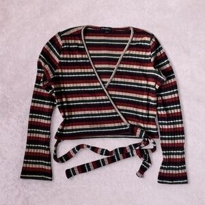 Striped wrap top with shimmer threading‎ details